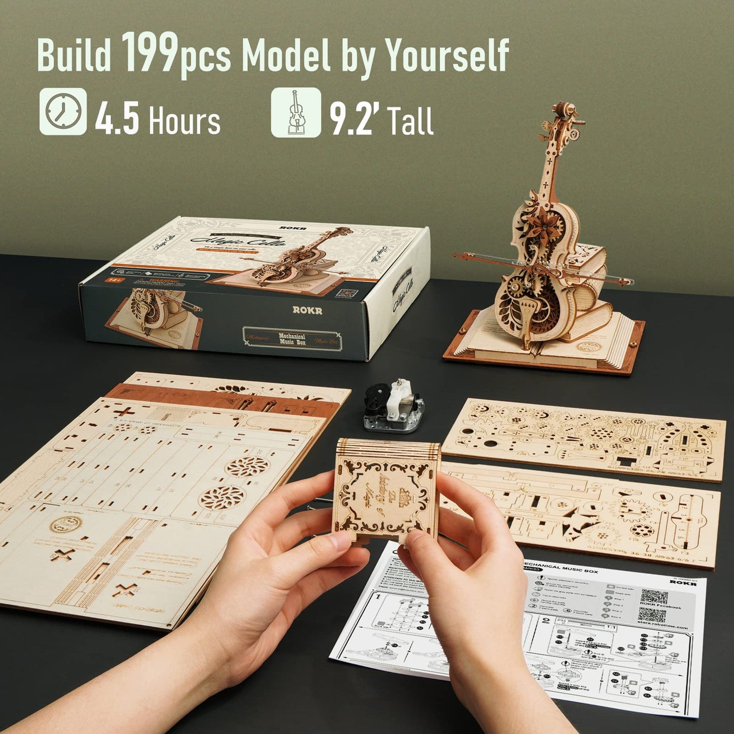 The Hidden Panda DIY Self-Playing Cello Music Box 3D Wooden Puzzle Kit – Mechanical Vintage Cello Model Building Set for Teens & Adults