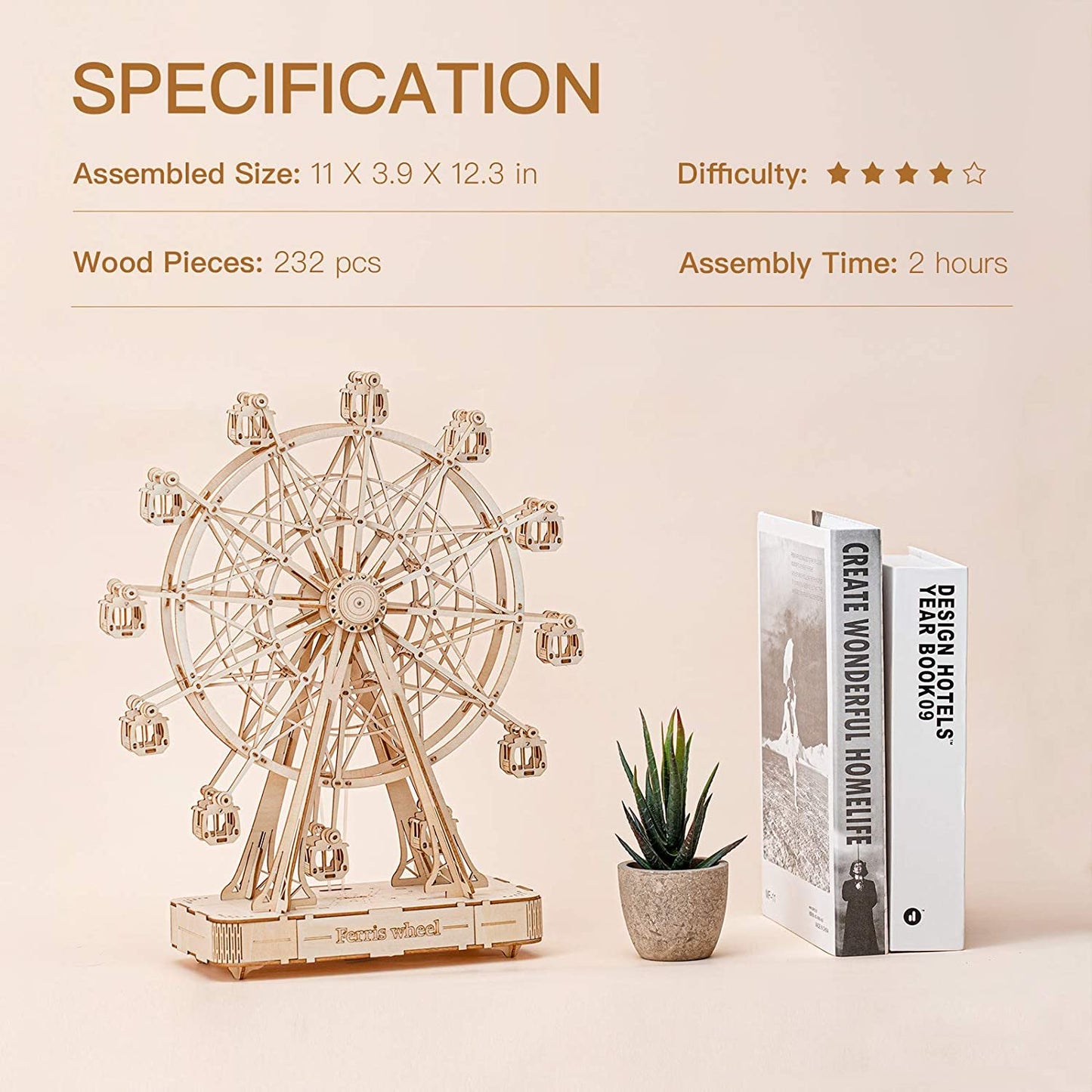 The Hidden Panda DIY Ferris Wheel 3D Wooden Puzzle Kit – Musical Mechanical Ferris Wheel Model Building Set for Teens & Adults