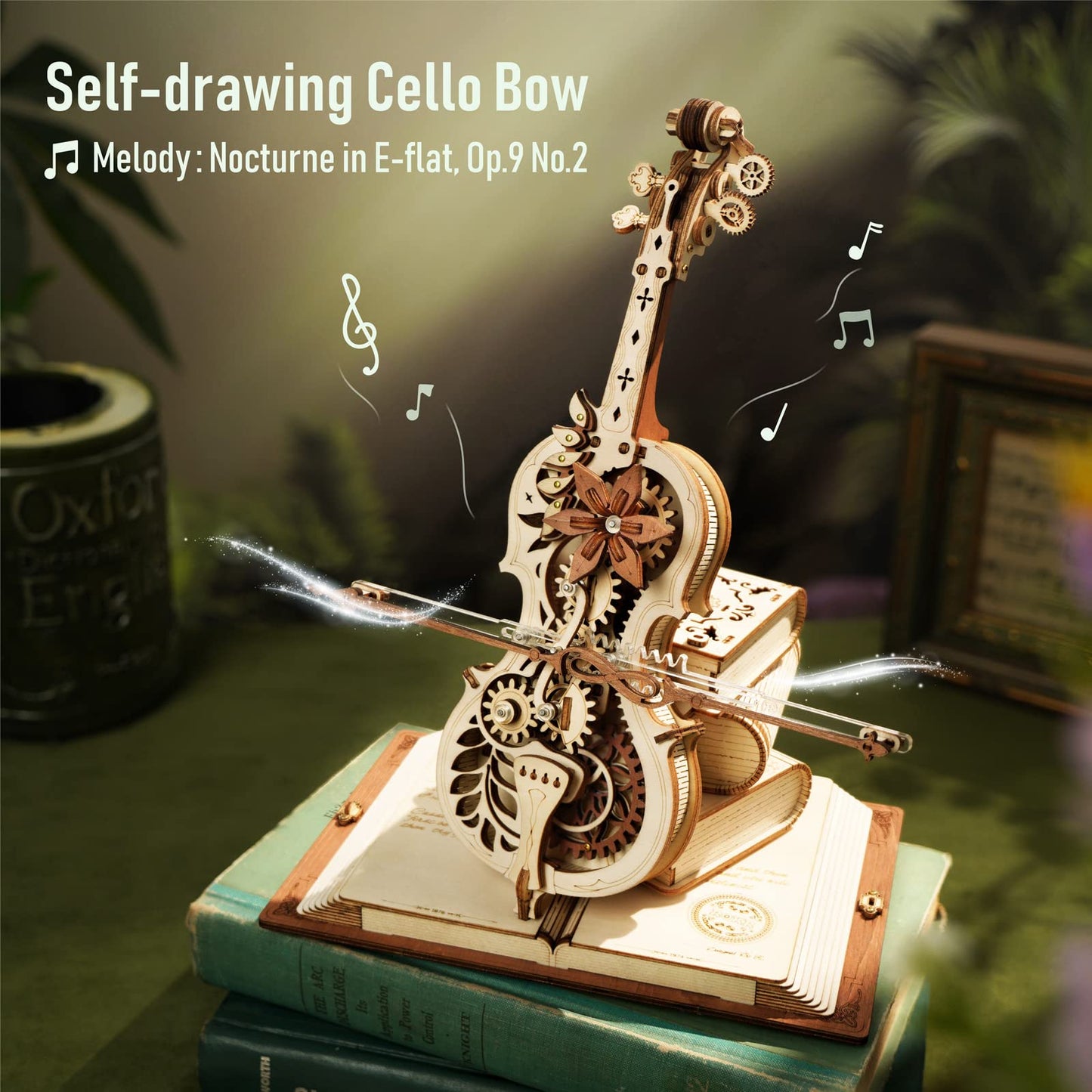 The Hidden Panda DIY Self-Playing Cello Music Box 3D Wooden Puzzle Kit – Mechanical Vintage Cello Model Building Set for Teens & Adults