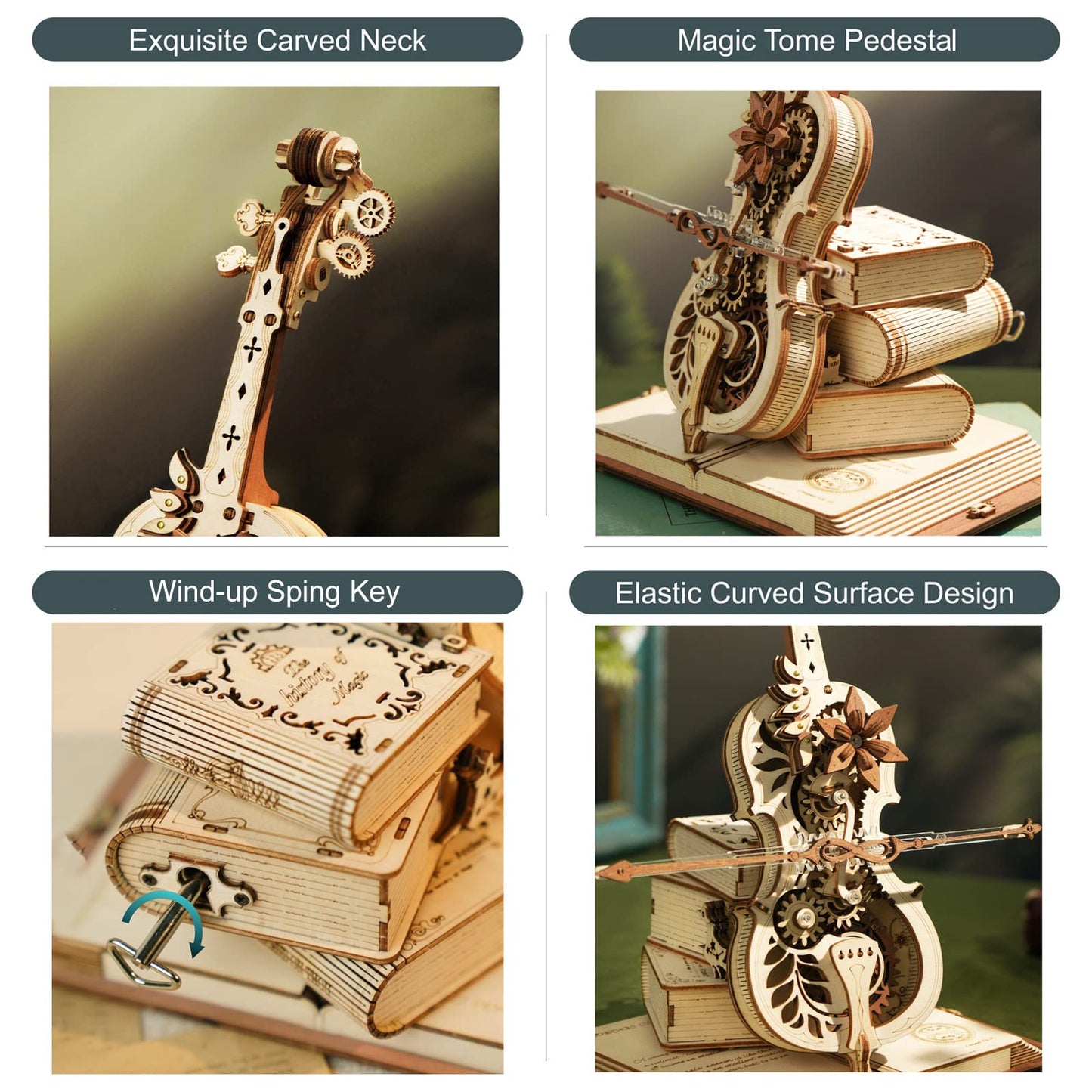 The Hidden Panda DIY Self-Playing Cello Music Box 3D Wooden Puzzle Kit – Mechanical Vintage Cello Model Building Set for Teens & Adults
