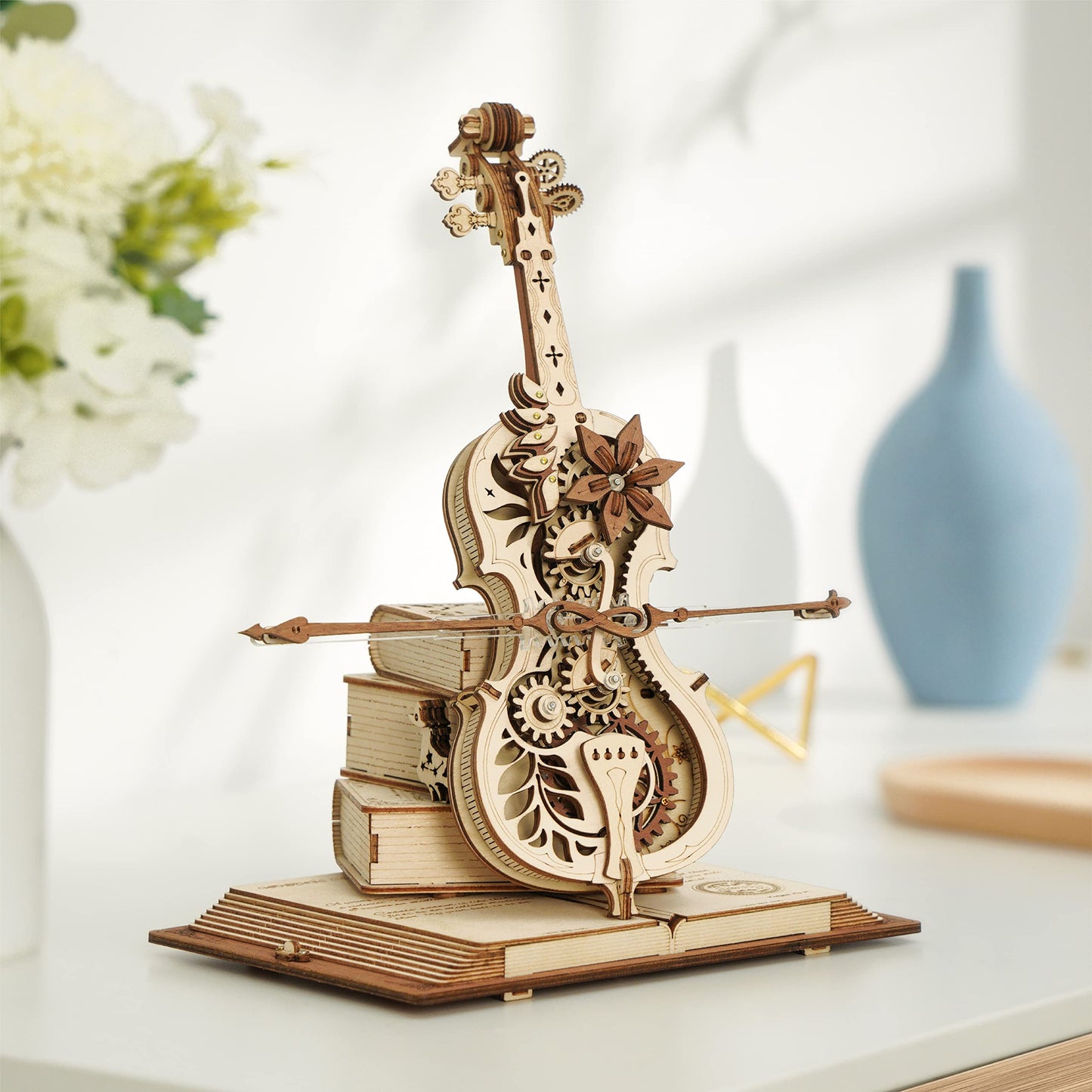 The Hidden Panda DIY Self-Playing Cello Music Box 3D Wooden Puzzle Kit – Mechanical Vintage Cello Model Building Set for Teens & Adults