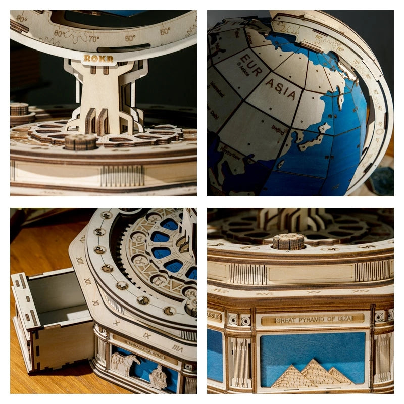 The Hidden Panda Globe Earth 567PCS 3D Wooden Puzzle – DIY Rotating World Map Mechanical Model Kit for Teens & Adults
