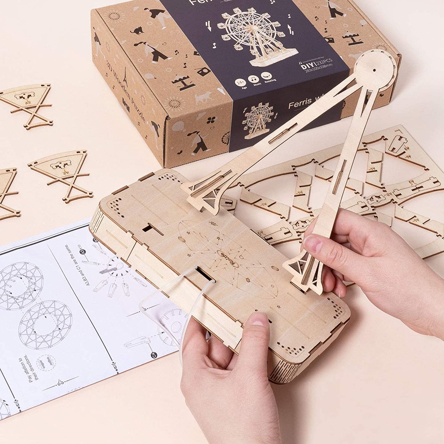 The Hidden Panda DIY Ferris Wheel 3D Wooden Puzzle Kit – Musical Mechanical Ferris Wheel Model Building Set for Teens & Adults
