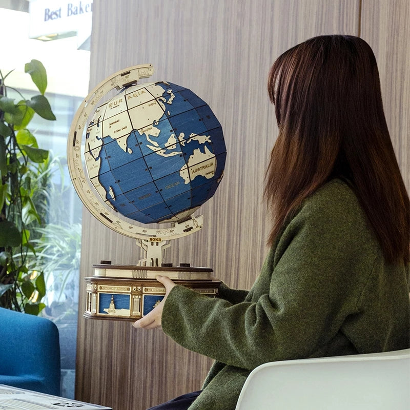 The Hidden Panda Globe Earth 567PCS 3D Wooden Puzzle – DIY Rotating World Map Mechanical Model Kit for Teens & Adults