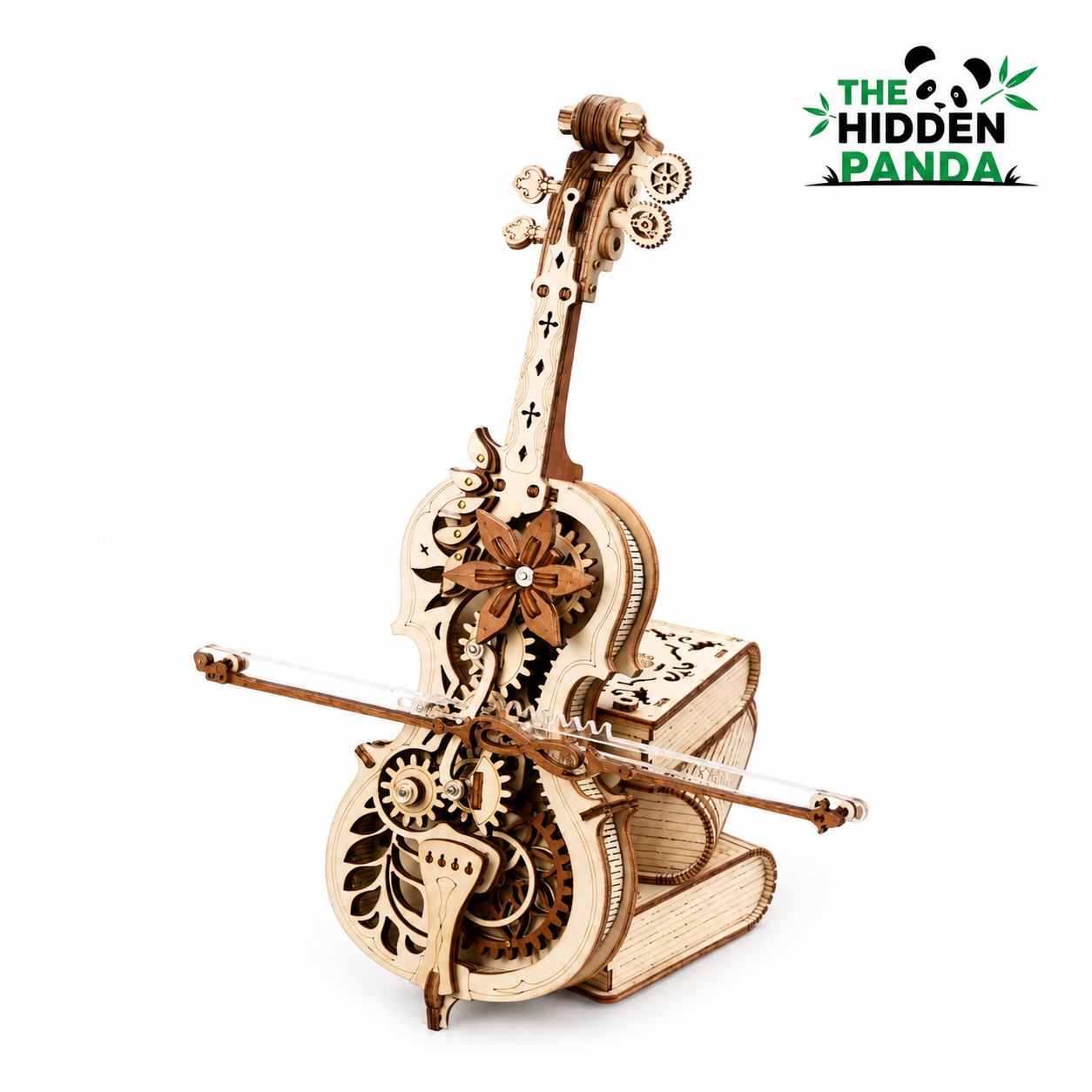 The Hidden Panda DIY Self-Playing Cello Music Box 3D Wooden Puzzle Kit – Mechanical Vintage Cello Model Building Set for Teens & Adults
