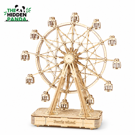 The Hidden Panda DIY Ferris Wheel 3D Wooden Puzzle Kit – Musical Mechanical Ferris Wheel Model Building Set for Teens & Adults