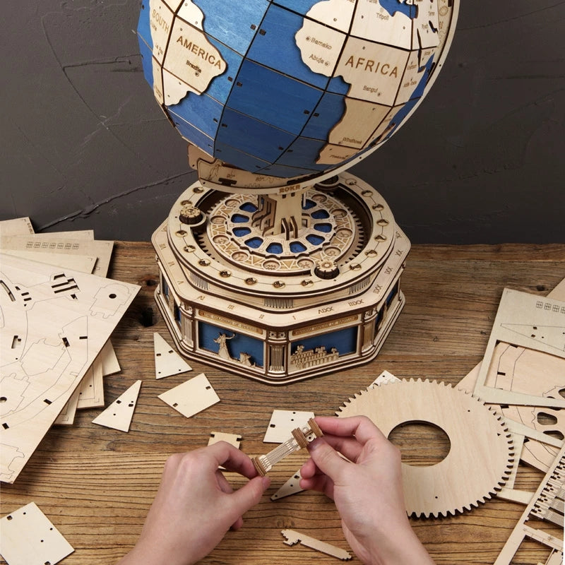 The Hidden Panda Globe Earth 567PCS 3D Wooden Puzzle – DIY Rotating World Map Mechanical Model Kit for Teens & Adults