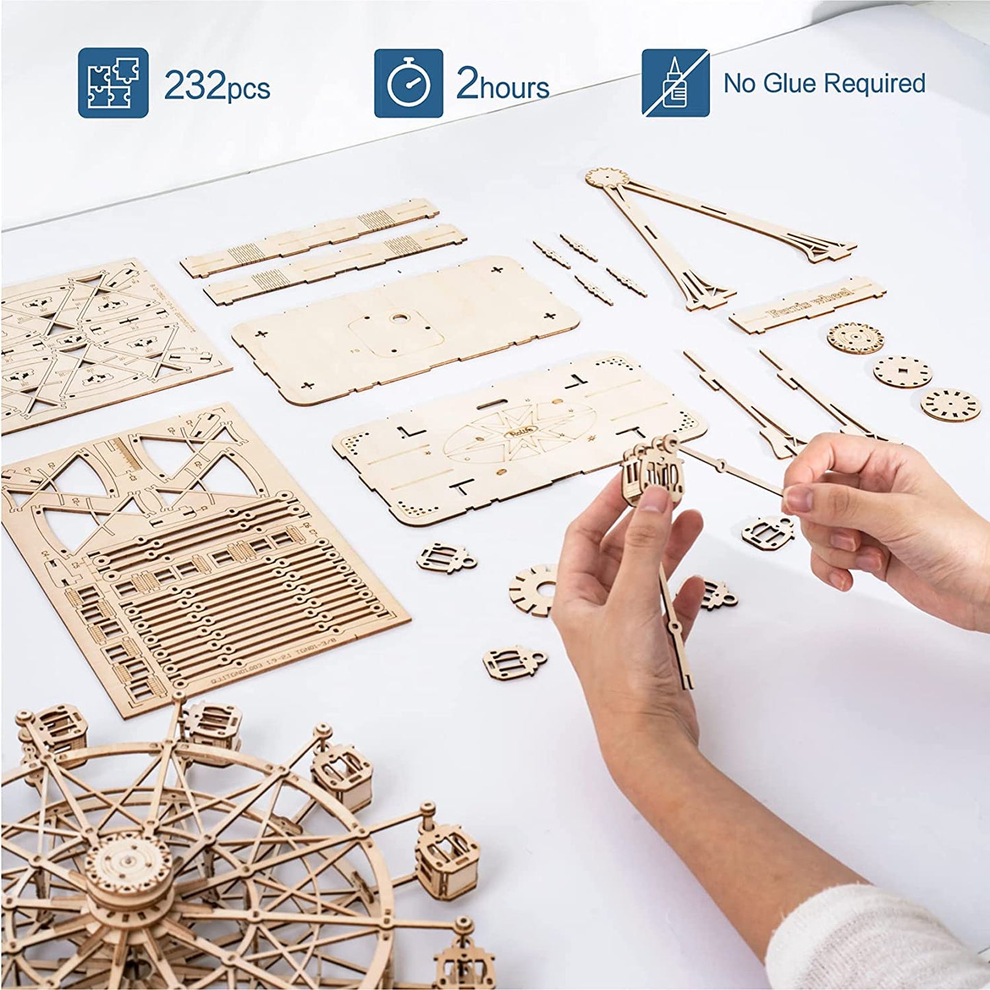 The Hidden Panda DIY Ferris Wheel 3D Wooden Puzzle Kit – Musical Mechanical Ferris Wheel Model Building Set for Teens & Adults